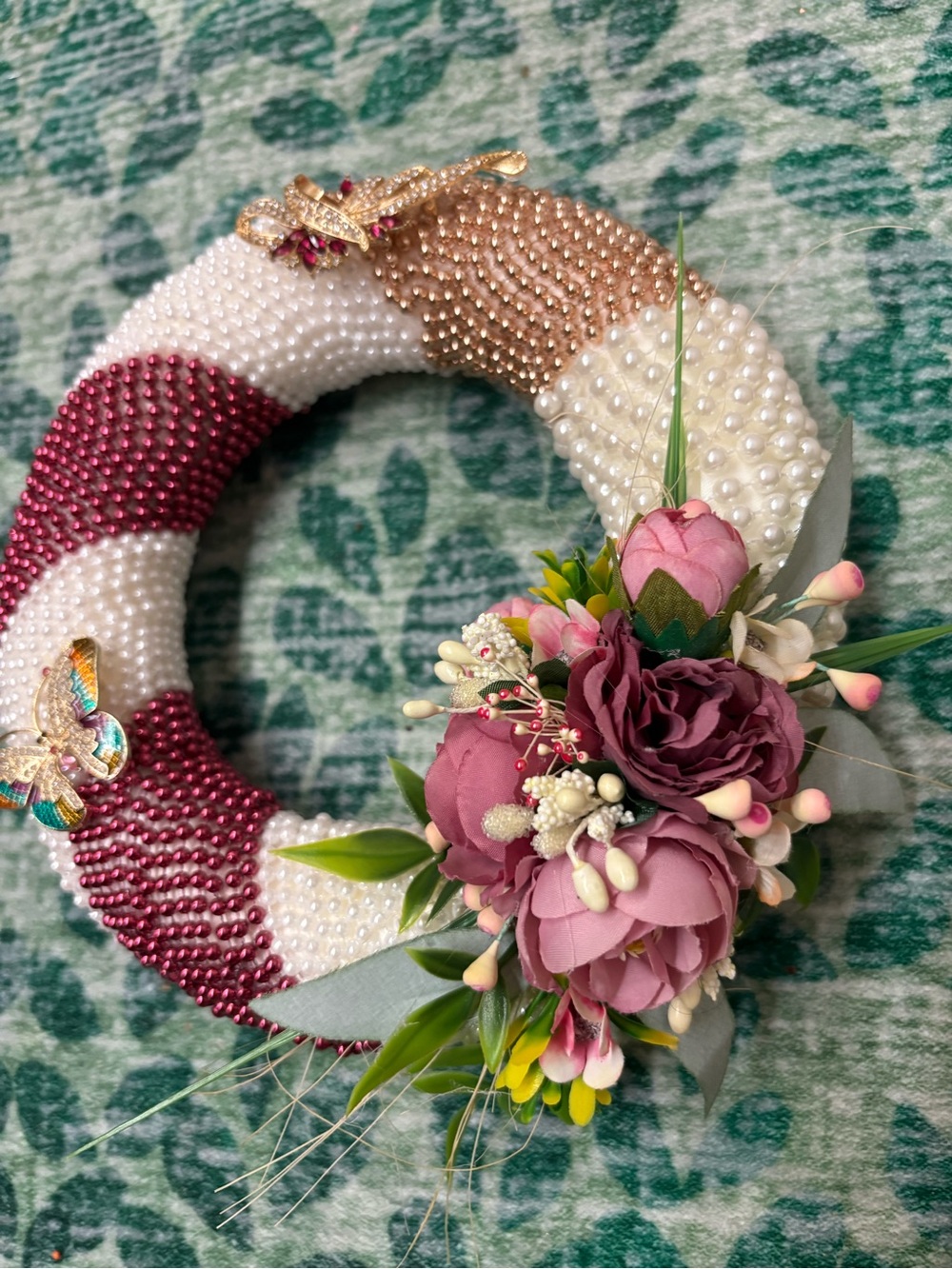 Handcrafted Pearl Beaded Floral Wreath - Mauve, White & Gold